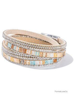Boho Leather Wrap Bracelet Stackable Crystal Rhinestone Cuff Magnetic Clasp